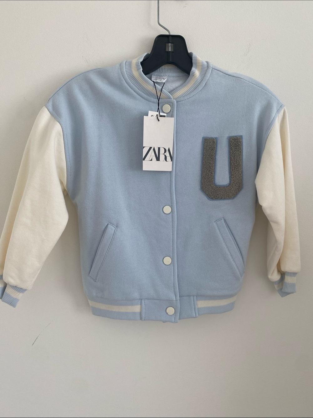 Zara Light Blue & Cream Kids Varsity Jacket with 'U' Patch Size 7 NWT